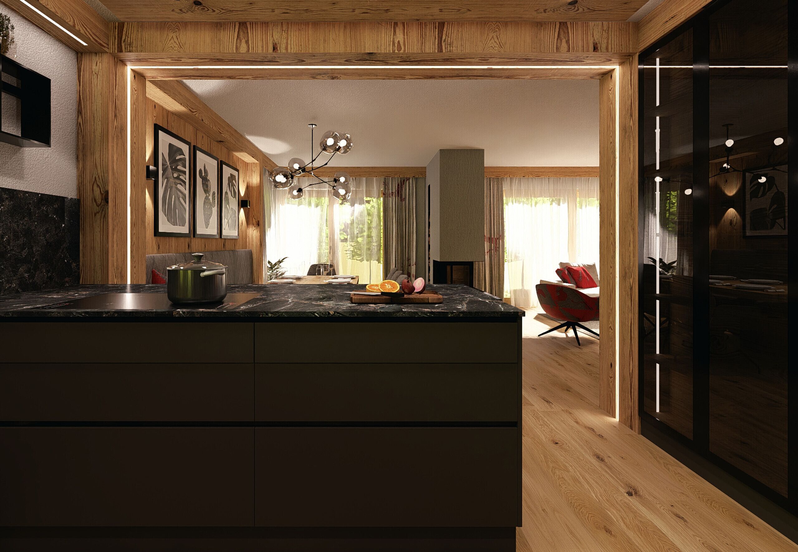 Une cuisine moderne avec un plafond en bois, un îlot central doté d’un évier et un coin repas avec une chaise rouge.