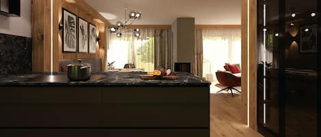 A modern kitchen with a wooden ceiling, a central island with a sink, and a dining area with a red chair.