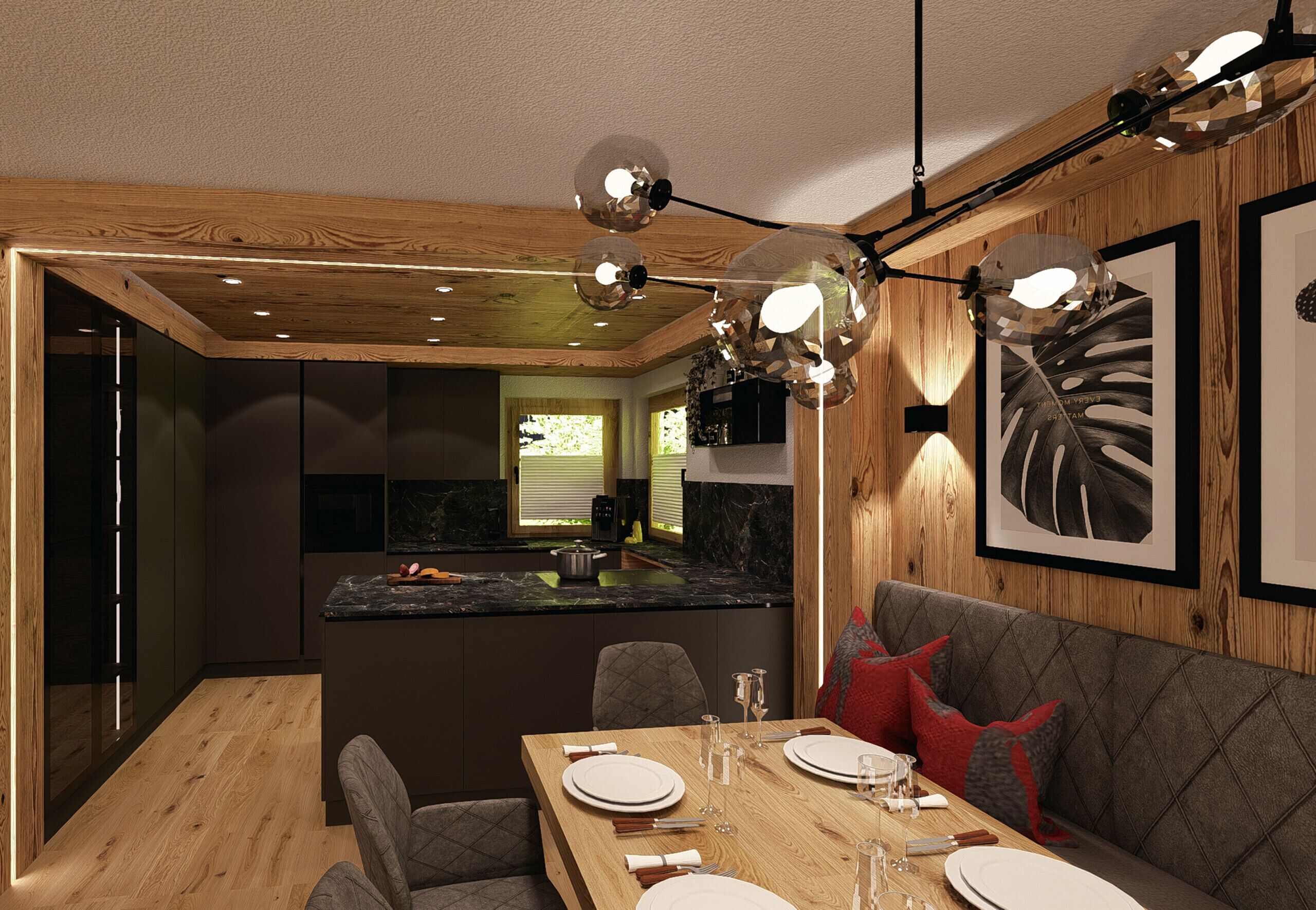 Une cuisine moderne agrémentée d’éléments en bois, un coin repas avec une table en bois et un espace salon confortable avec un canapé.