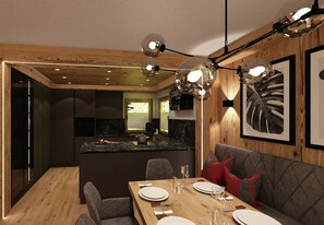 Une cuisine moderne agrémentée d’éléments en bois, un coin repas avec une table en bois et un espace salon confortable avec un canapé.