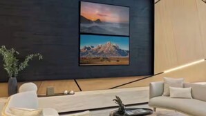 Un saló modern amb un televisor gran penjat a la paret, un sofà, una taula de centre i una planta en test.