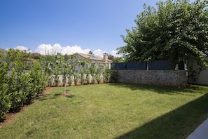 A well-maintained grassy backyard with a stone wall, a tree, and a clear blue sky. - Villa BB near Rovinj (Bale)