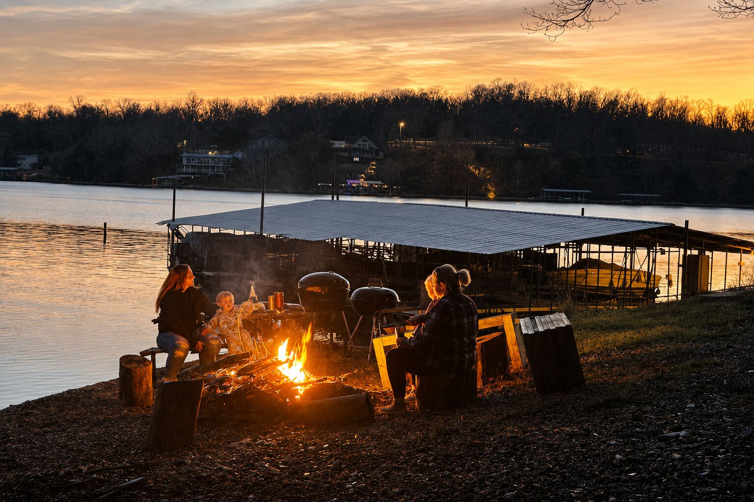 En plats vid en sjö med en eldstad och människor samlade runt den.