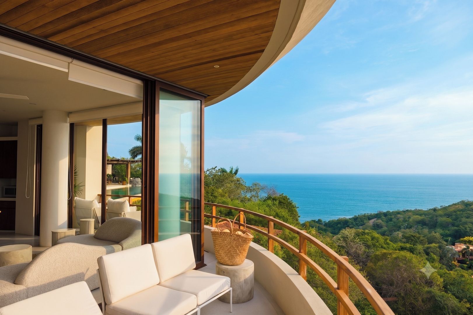 Un espacio de estar moderno al aire libre, con vistas al océano y al follaje.