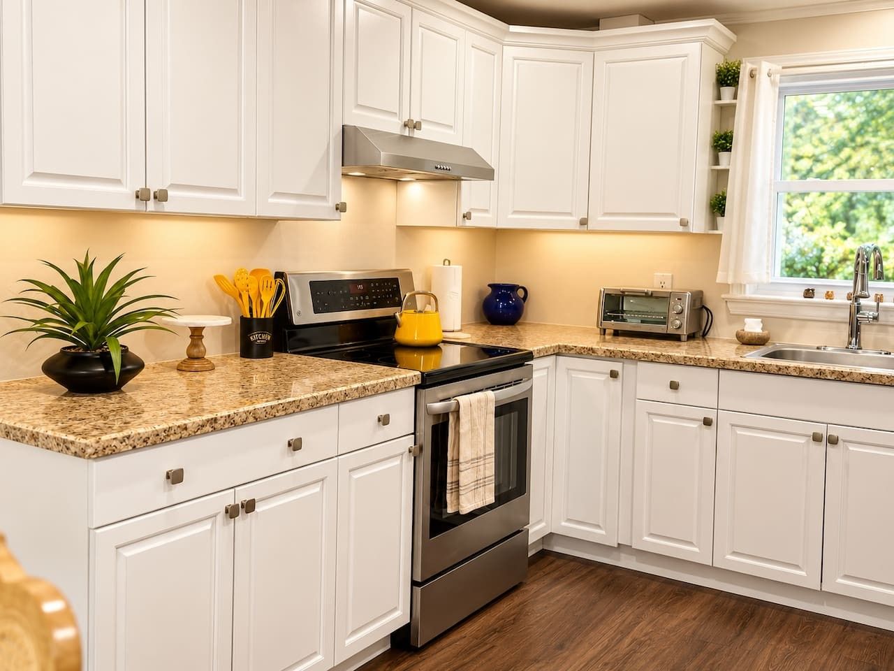 A kitchen with white cabinets, a stainless steel oven, a microwave, and a toaster.