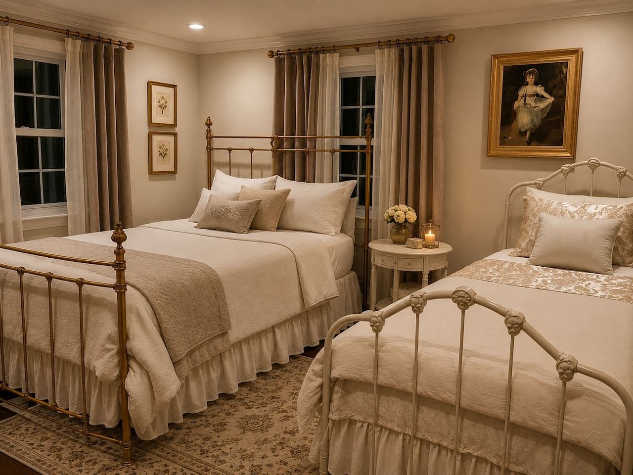 A bedroom with two beds, a nightstand, and a painting on the wall.