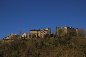 A historic stone building with multiple levels and a prominent tower, surrounded by dense shrubbery. - A sustainable and eco-friendly stone house near the Cinque Terre. (Villecchia)