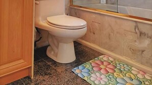 A bathroom with a toilet, a glass shower enclosure, a vanity with a mirror, and a towel rack.