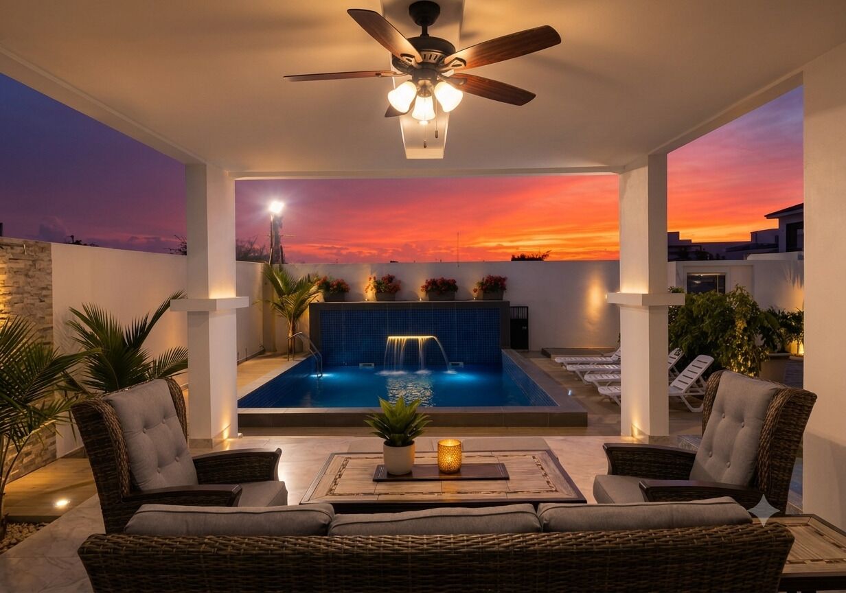 A rooftop patio with a pool, lounge chairs, and a ceiling fan.