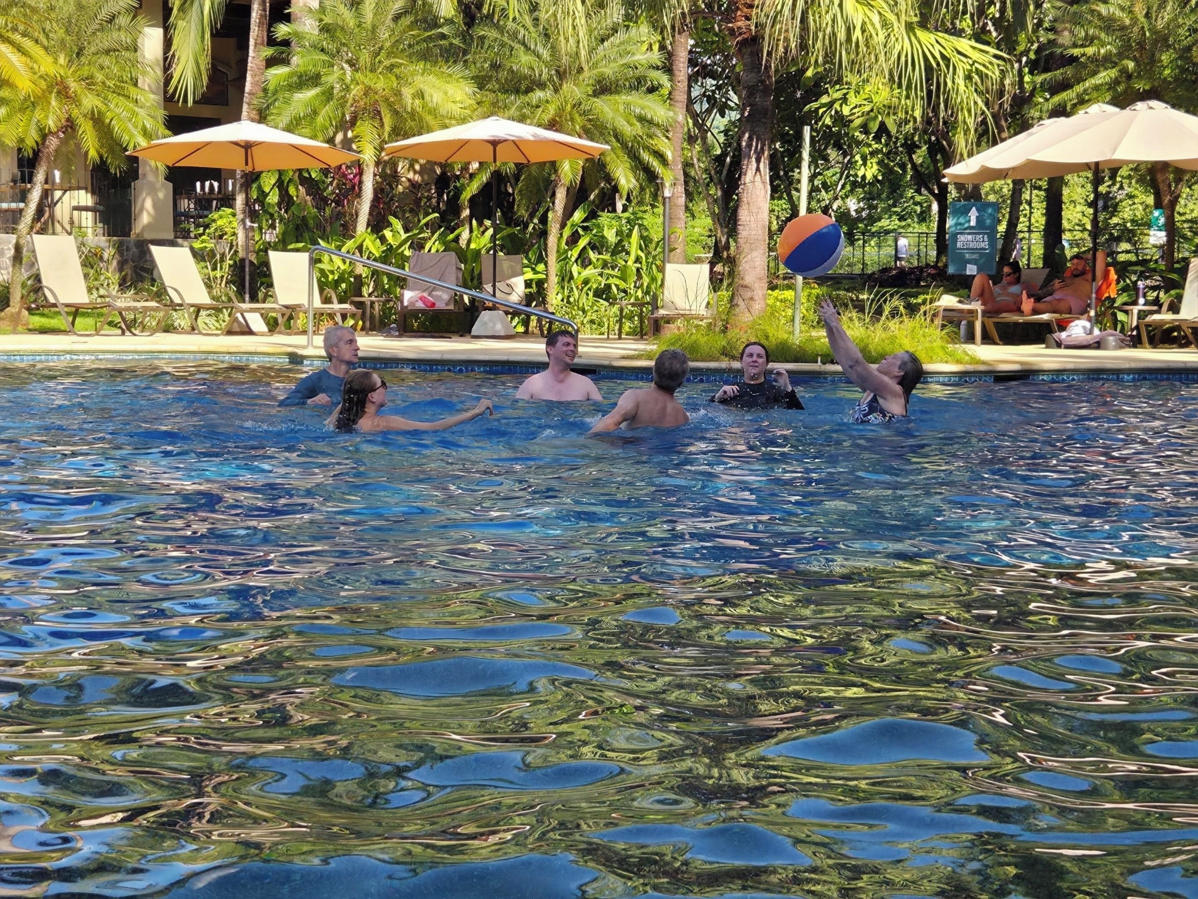 Una piscina con lettini e ombrelloni, circondata da palme.