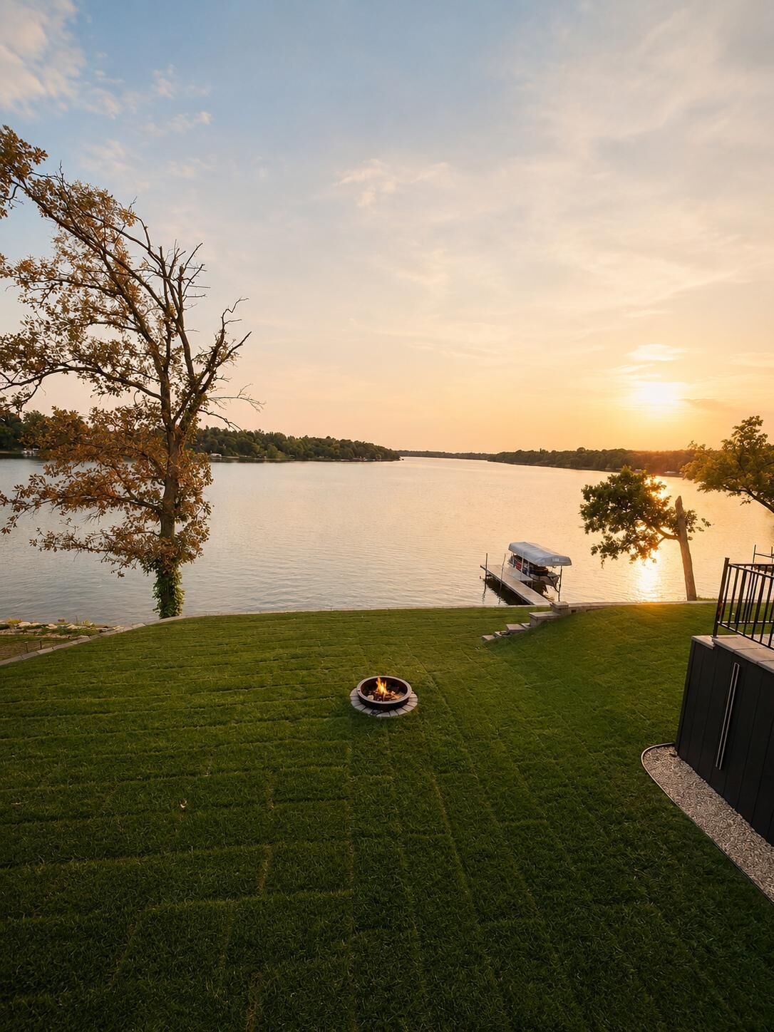 A lakeside view with a grassy area, a fire pit, and a dock extending into the water.