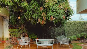 Un área de estar al aire libre con tres sillas de metal blanco y un banco, rodeada de abundante vegetación y piso de madera.
