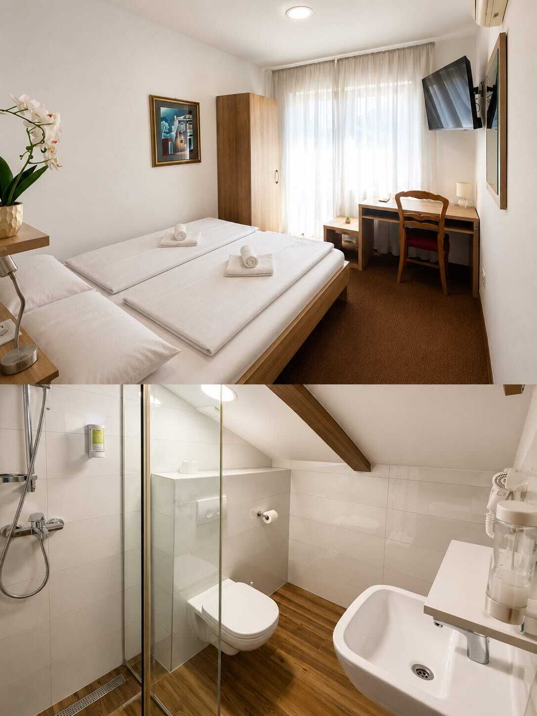 Combined shower/tub, hair dryer, towels, soap