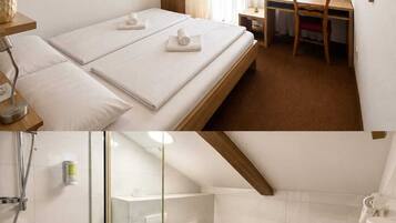 Combined shower/tub, hair dryer, towels, soap