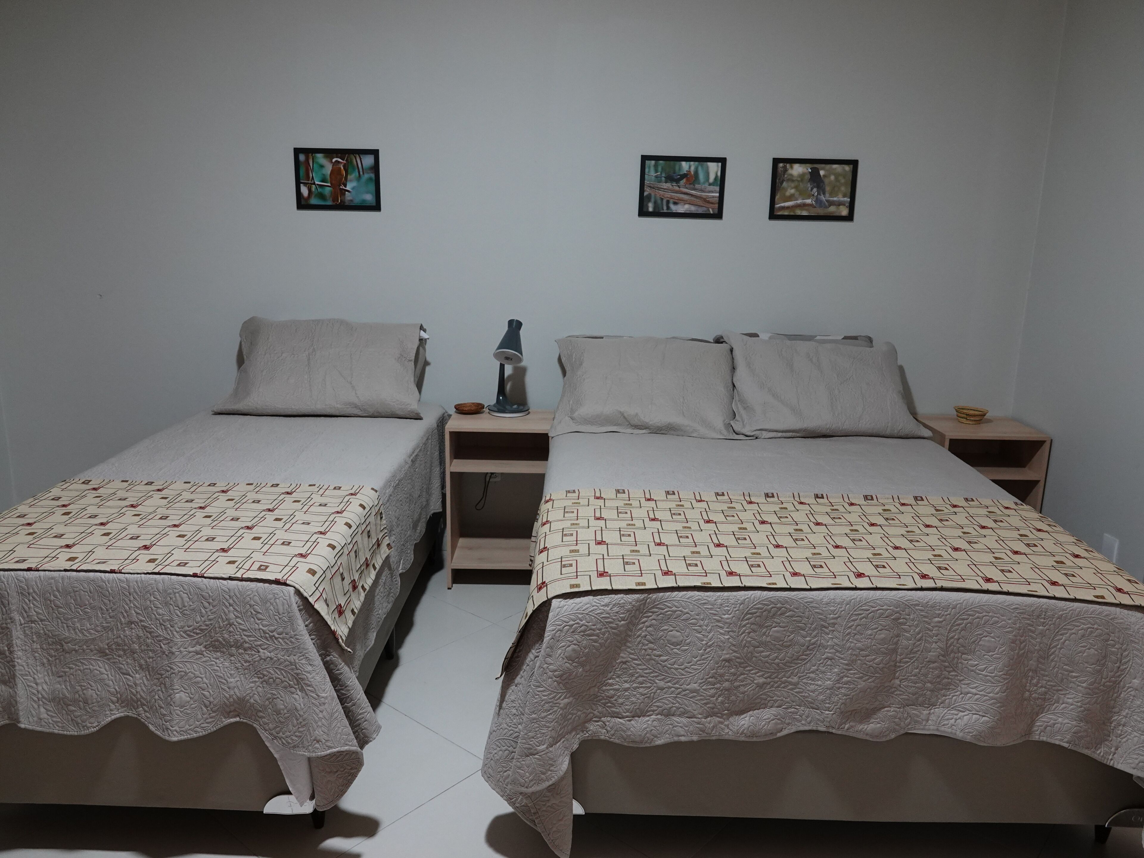 Une chambre à coucher avec deux lits simples, chacun agrémenté d’une couvre-lit et de coussins à motifs, une table de chevet avec une lampe, et deux tableaux encadrés accrochés au mur.