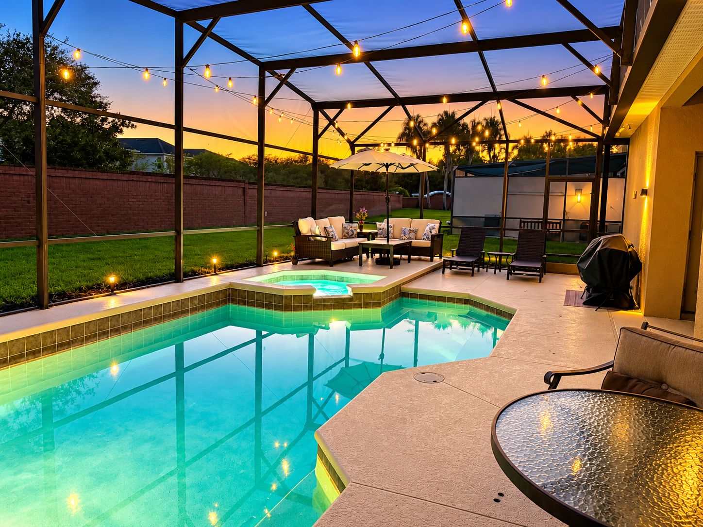 A backyard with a swimming pool, outdoor furniture, and string lights.