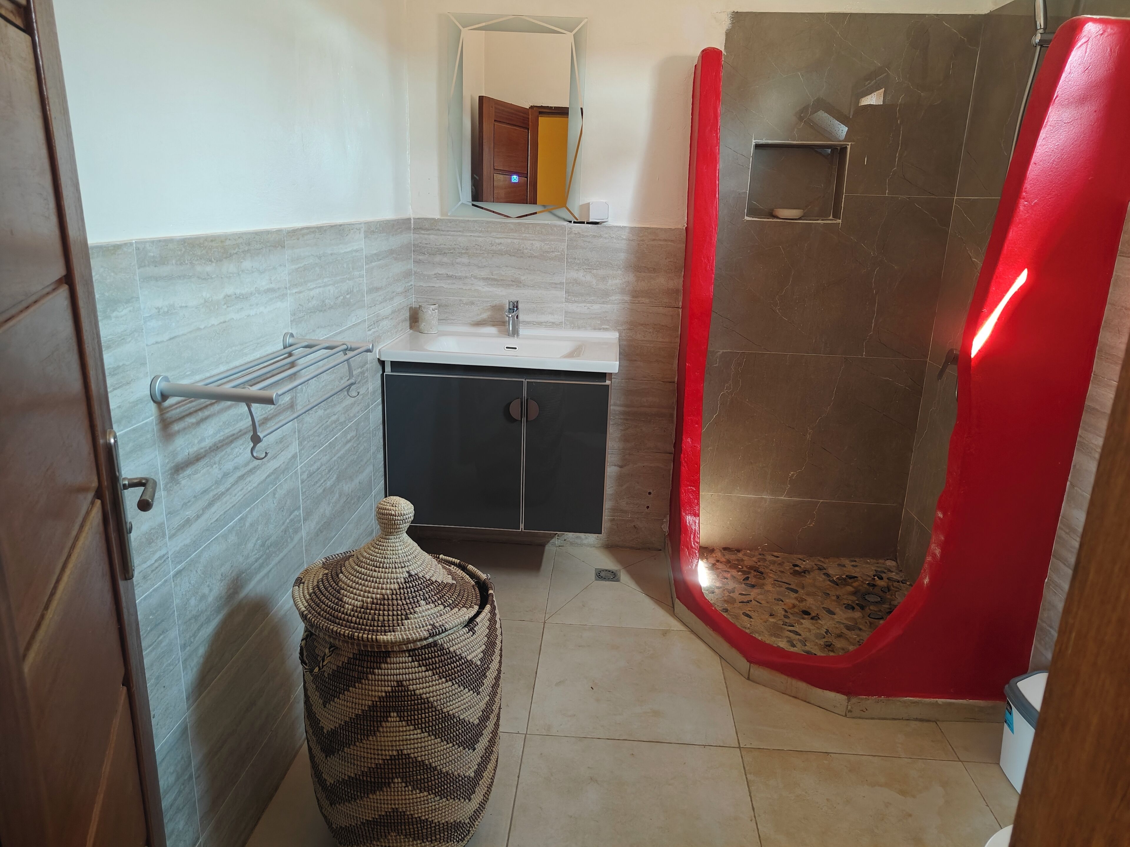 Shower, towels, soap, toilet paper