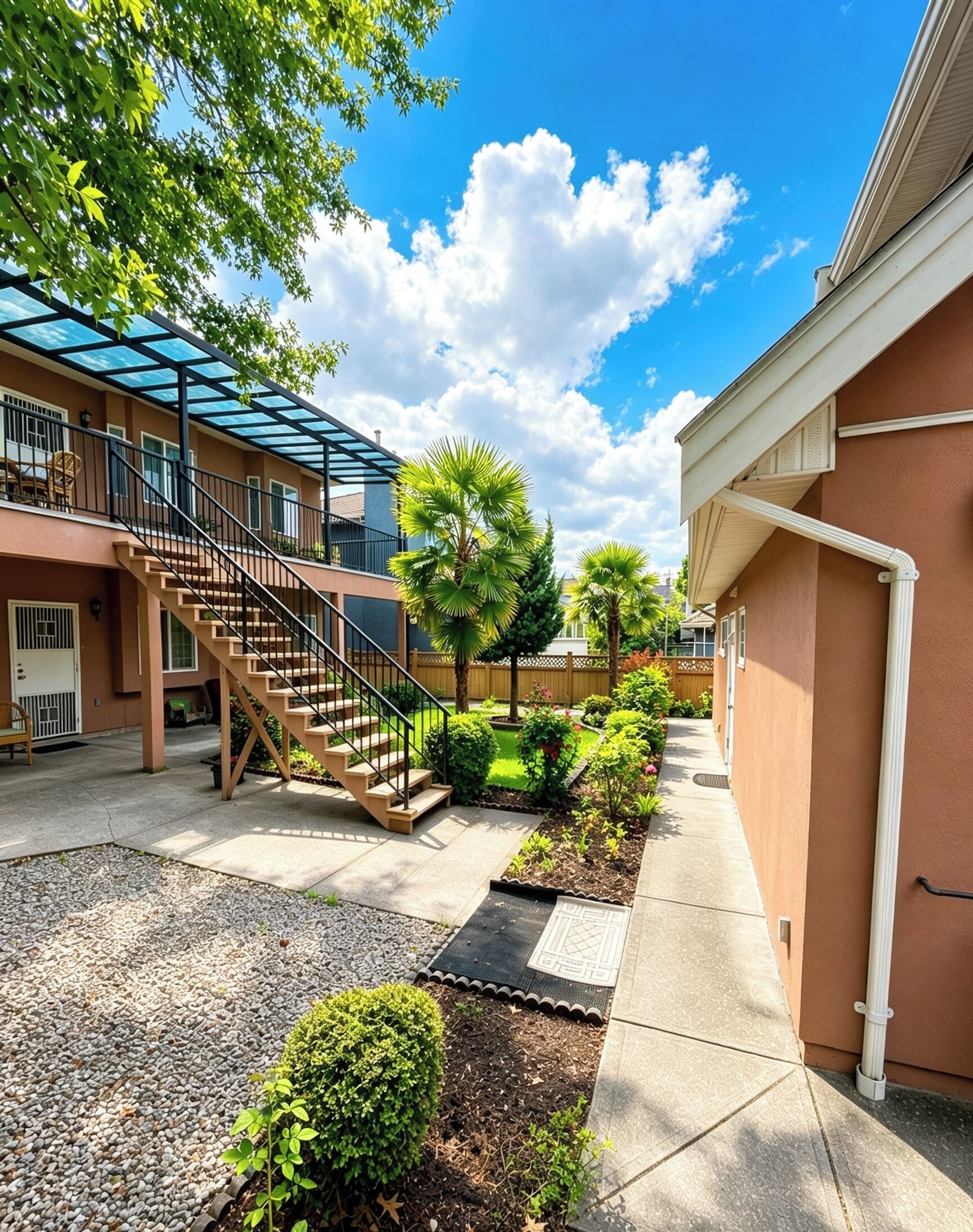A residential building with a covered outdoor staircase, a palm tree, and a well-maintained garden.