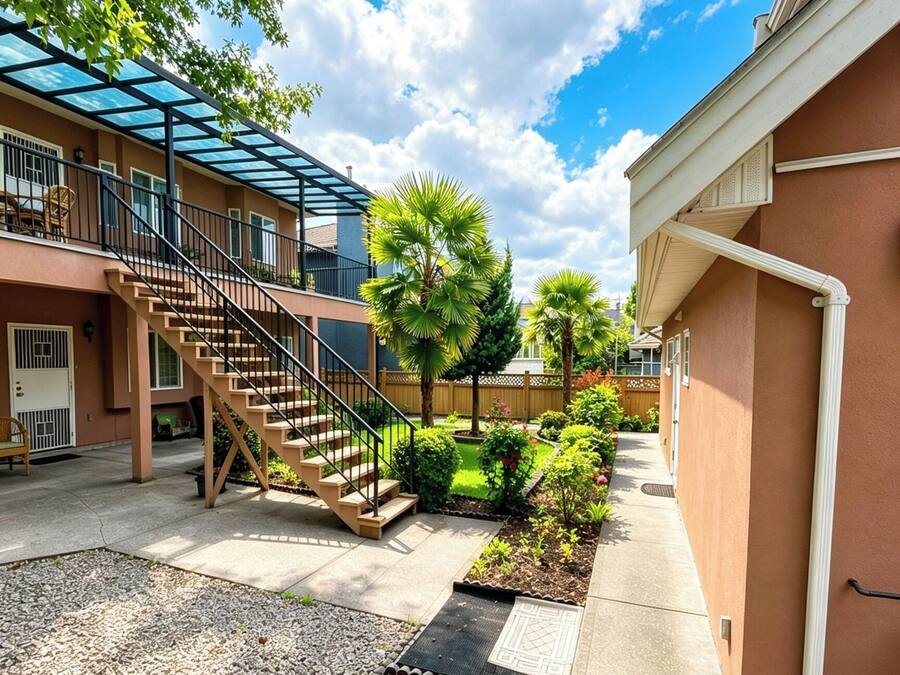 A residential building with a covered outdoor staircase, a palm tree, and a well-maintained garden.