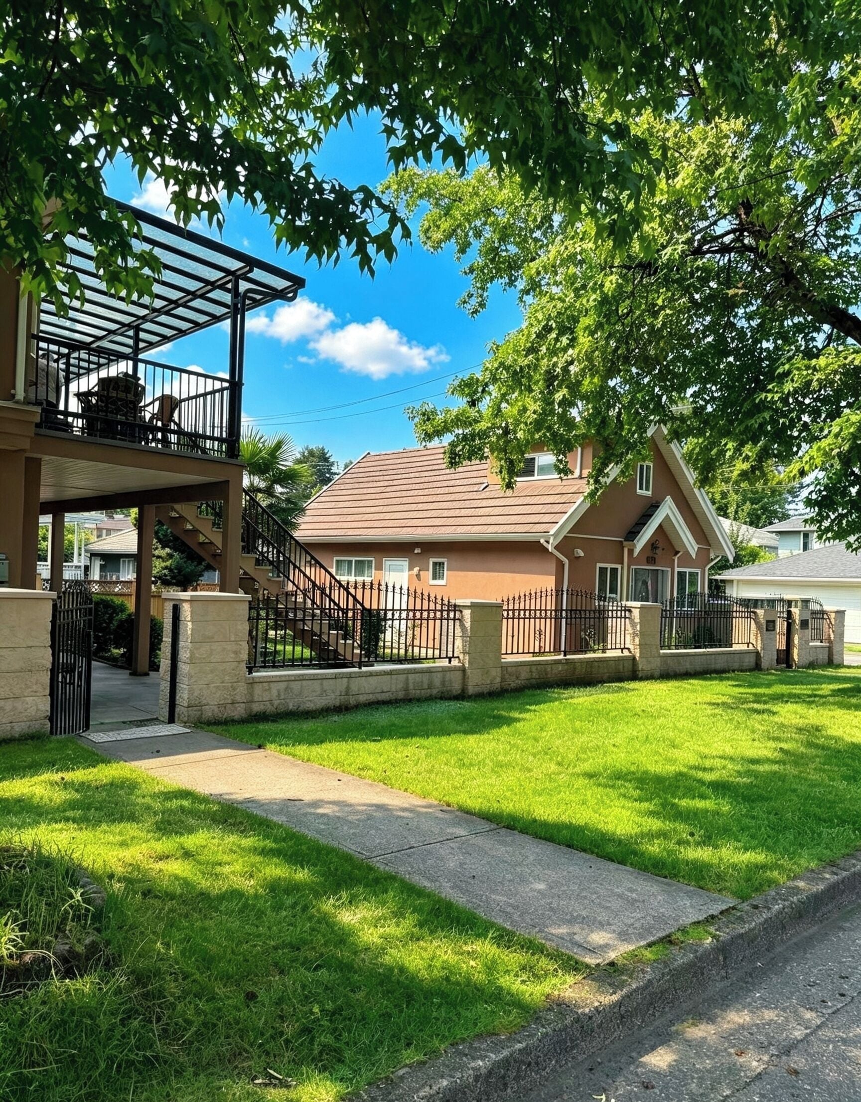 A residential property with a covered patio, a fenced yard, and a two-story house with a sloped roof.