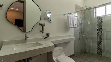 A modern bathroom with a large mirror, a toilet, a shower, and a vanity with a sink.