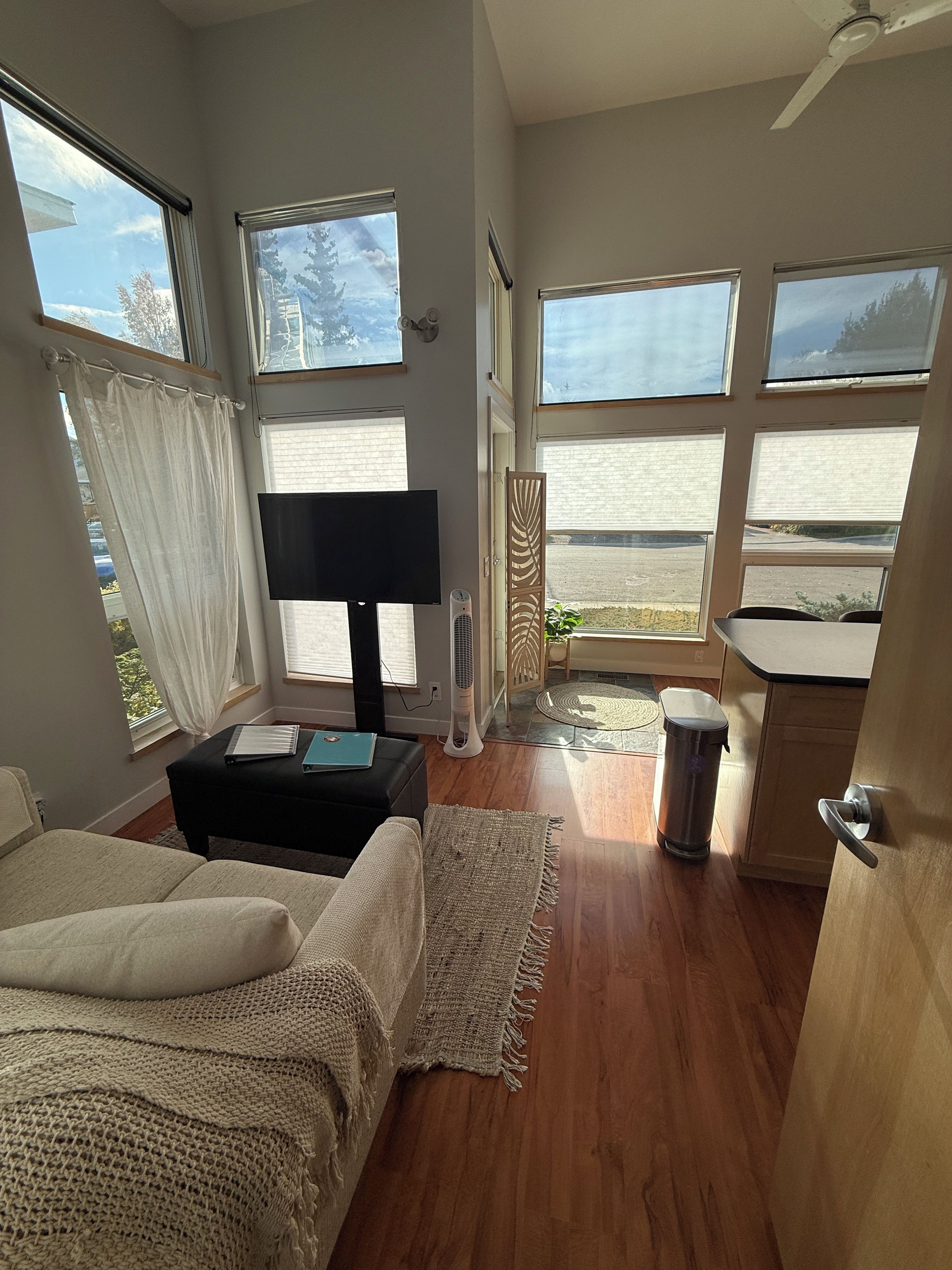 A room with a sofa, a TV, a small table, a fan, and a view of the outdoors through large windows.