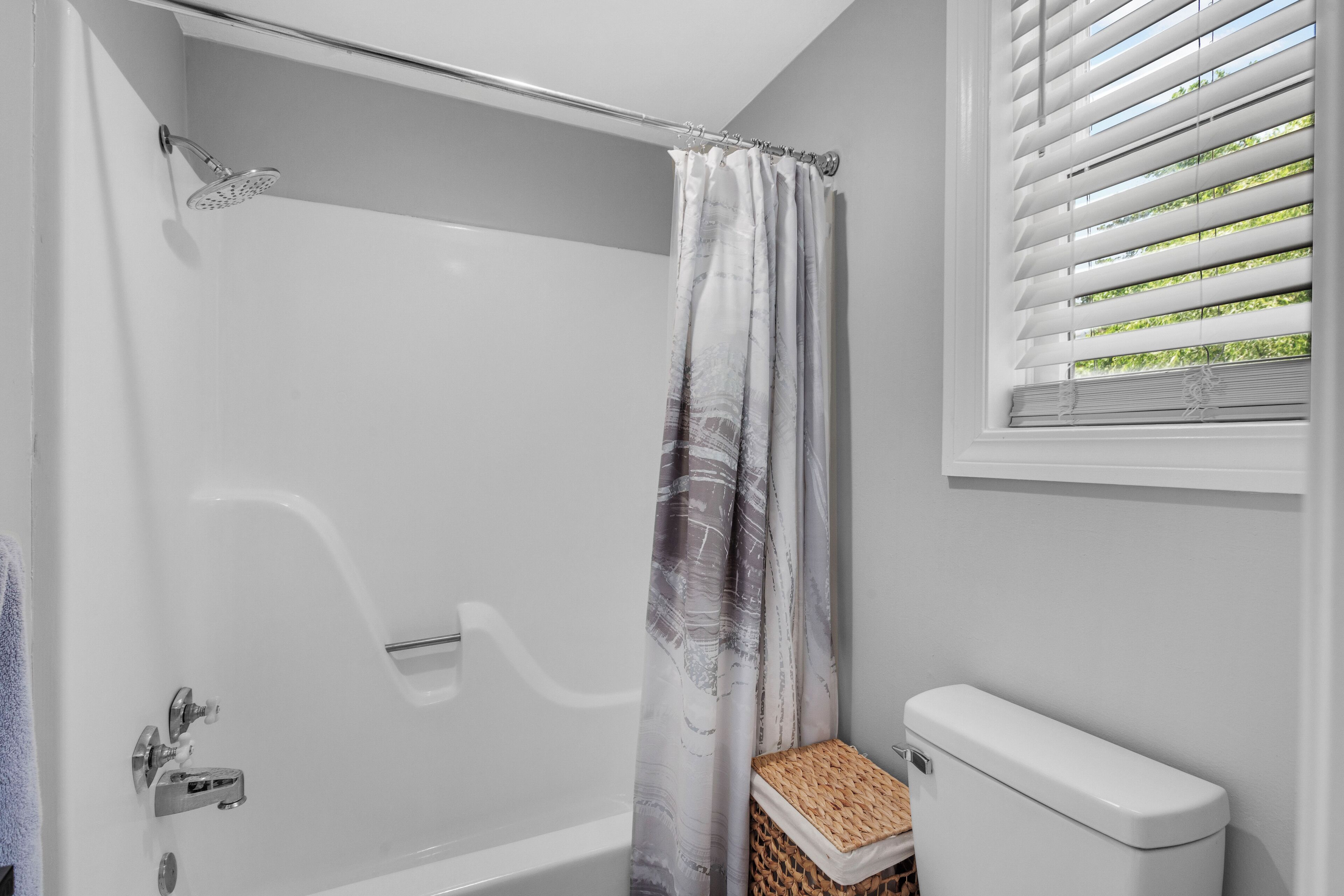 Hair dryer, towels, soap, shampoo