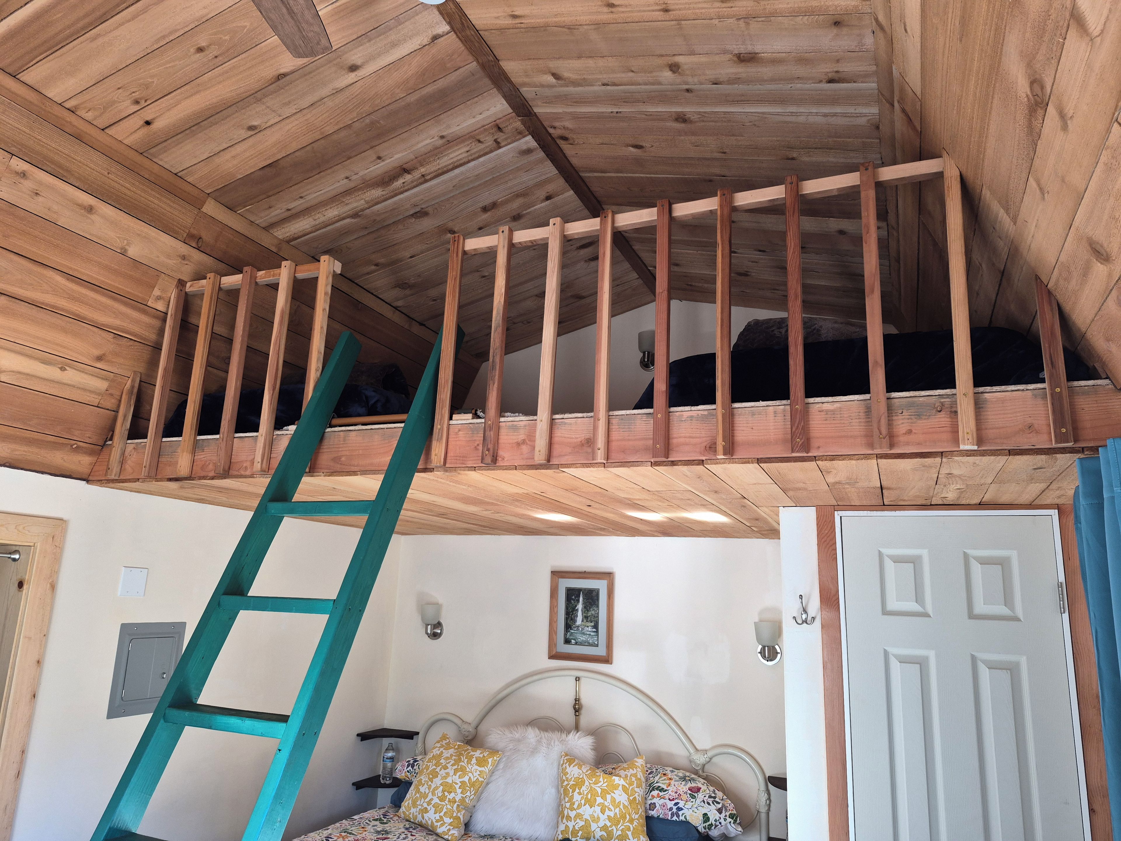 A room with a loft bed, a wooden ladder, a white door, and a framed picture on the wall.