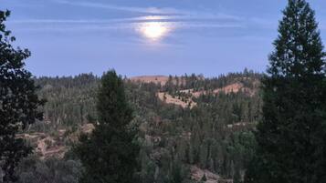 A mountainous landscape with dense forest and a clear sky.