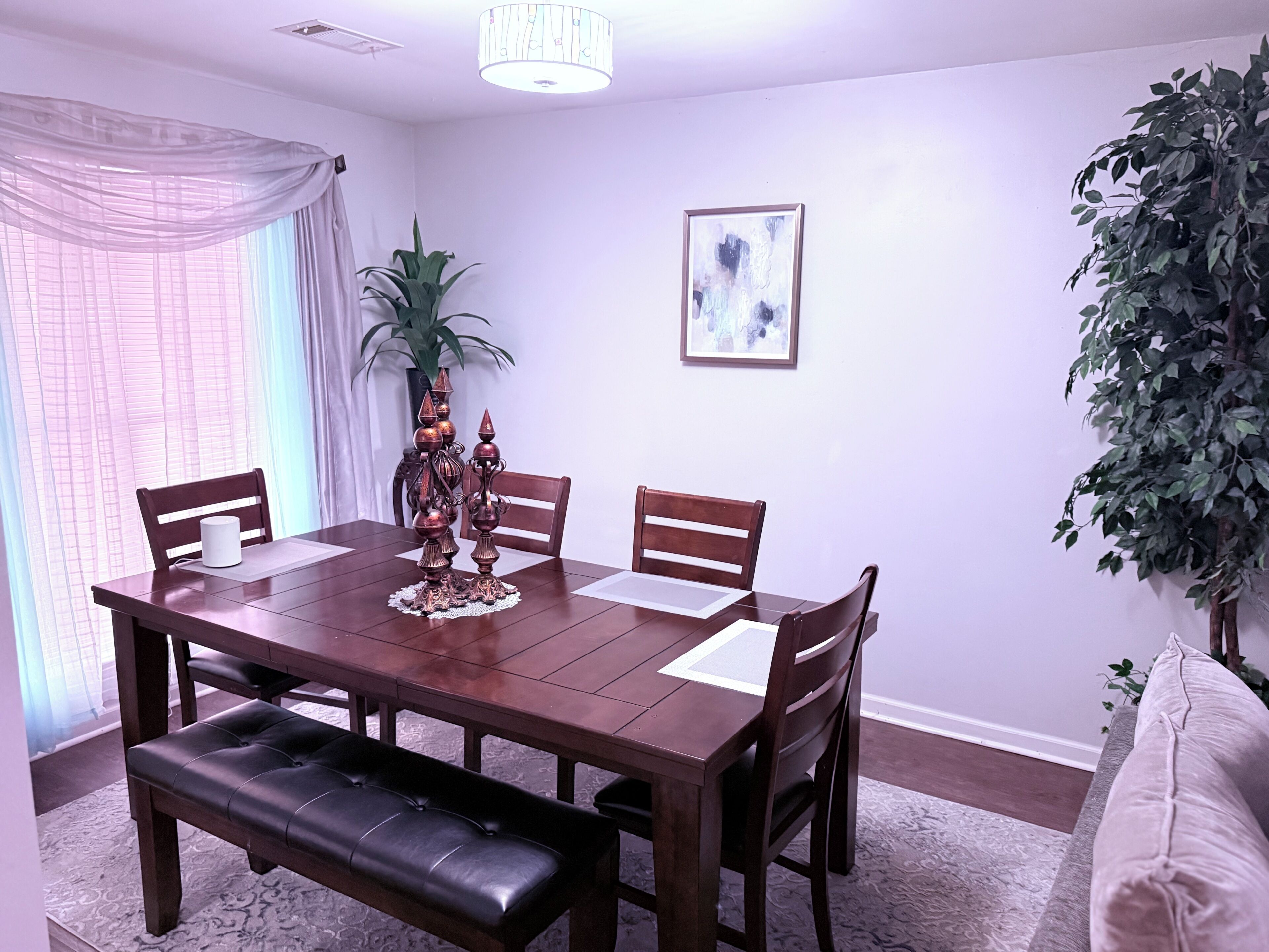 Uma área de refeições com uma mesa de madeira, quatro cadeiras, um banco, uma planta em vaso e um lustre.