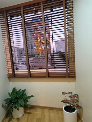 Ein Zimmer mit Fenster, ausgestattet mit horizontalen Jalousien, einem Blumentopf auf dem Boden und Blick auf ein Gebäude mit farbenfrohem Wandgemälde.