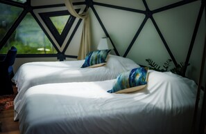 Une chambre avec deux lits, une fenêtre donnant sur un beau paysage et un motif géométrique sur le mur.