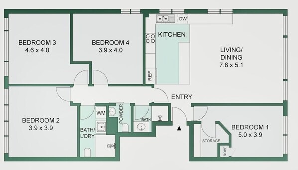 Planimetria con quattro camere da letto, una cucina, un soggiorno/zona pranzo e un bagno.
