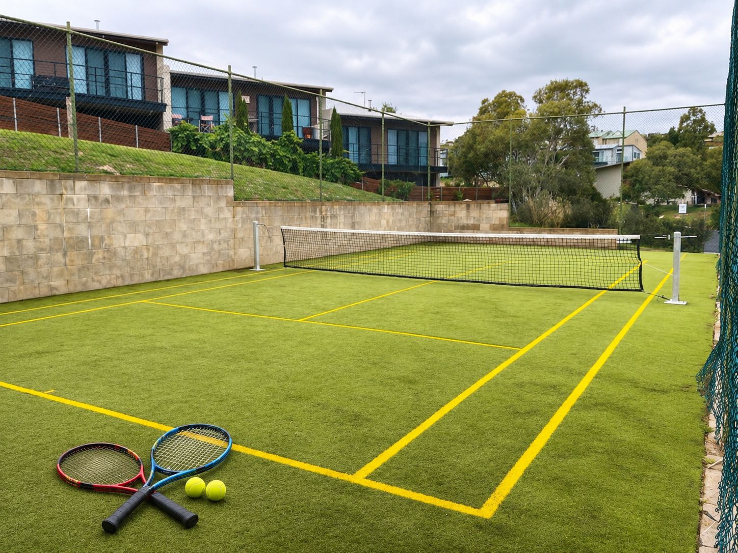An outdoor tennis court with a net, two tennis rackets, and three tennis balls.