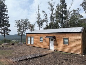 A small wooden cabin with a metal roof, a front door, and windows.