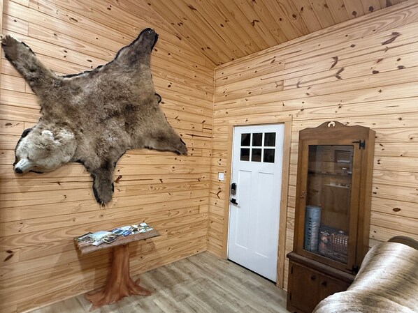 A room with wooden walls, a mounted animal hide, a door, and a cabinet.