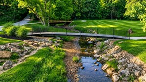 Un paysage paisible avec un pont enjambant un ruisseau, entouré d’une végétation luxuriante et d’une pelouse bien entretenue.
