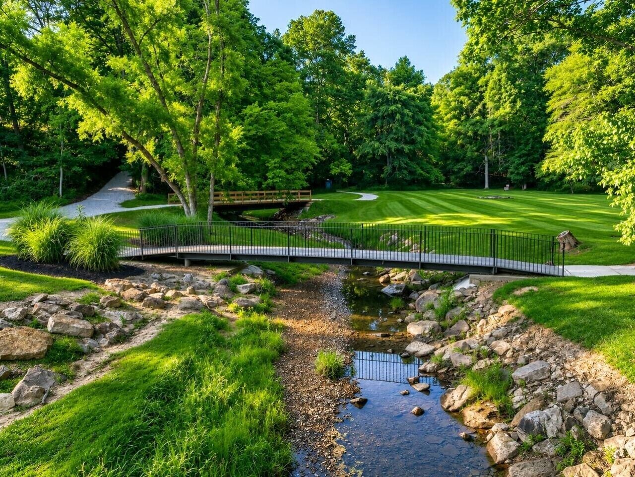 A bridge over a stream in a lush green park with a golf course in the background.