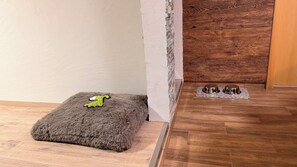 A corner of a room with a fluffy grey pet bed, a small green toy, and two metal dog bowls on a patterned mat. - La Bravache - Cozy chalet with an exceptional view (Savièse)