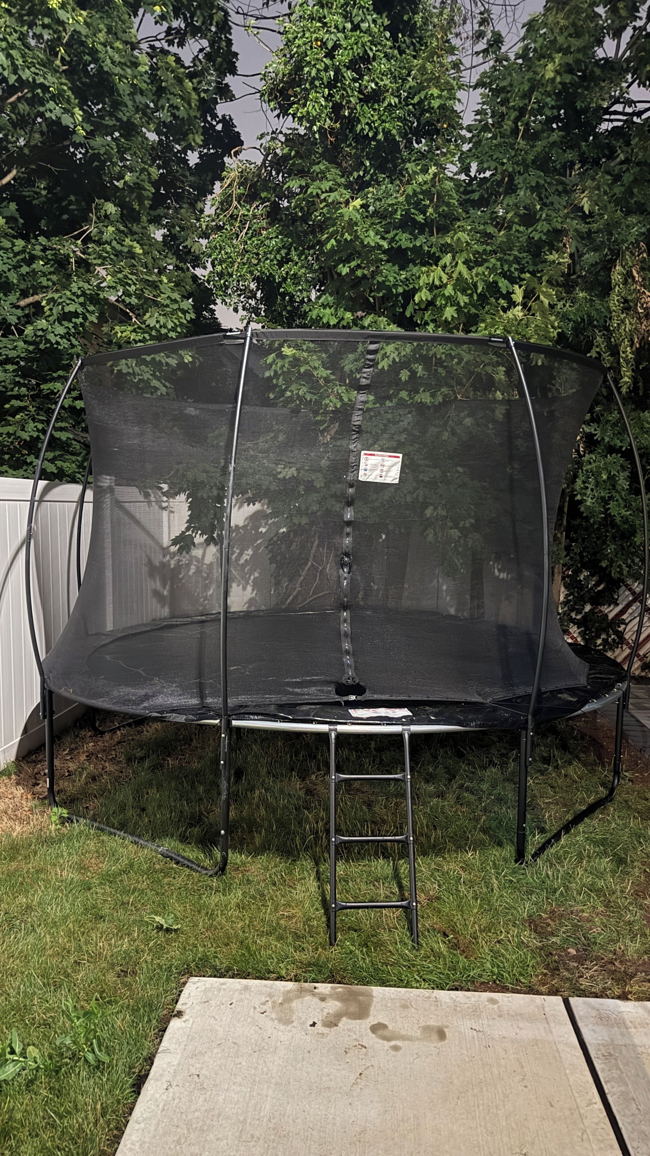 A trampoline with a safety net enclosure, a ladder, and a wooden platform in a backyard.