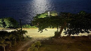 Un paysage côtier avec un sentier de terre menant à la mer, entouré de verdure et offrant une vue dégagée sur l’océan.