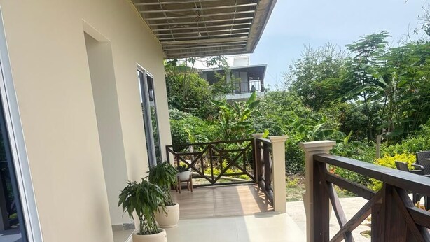Une terrasse en bois avec une rambarde, des plantes en pot et une vue sur un bâtiment en arrière-plan.
