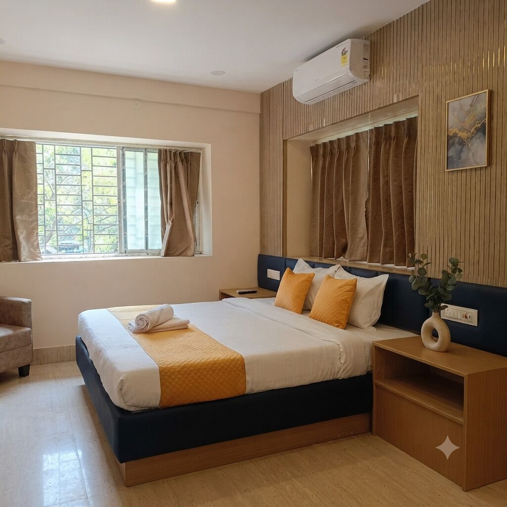 Una habitación de hotel con cama, mesita de noche, cortinas y aire acondicionado.