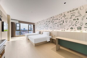 A modern hotel room with two beds, a large window with a city view, and a wall decorated with eco-themed doodles. - Haiyou Hotel Houjie Wanda Plaza (Dongguan)