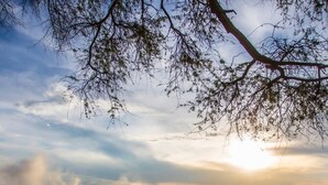 Una terraza al aire libre con mesas y sillas, con vista a un cuerpo de agua y un atardecer de fondo.