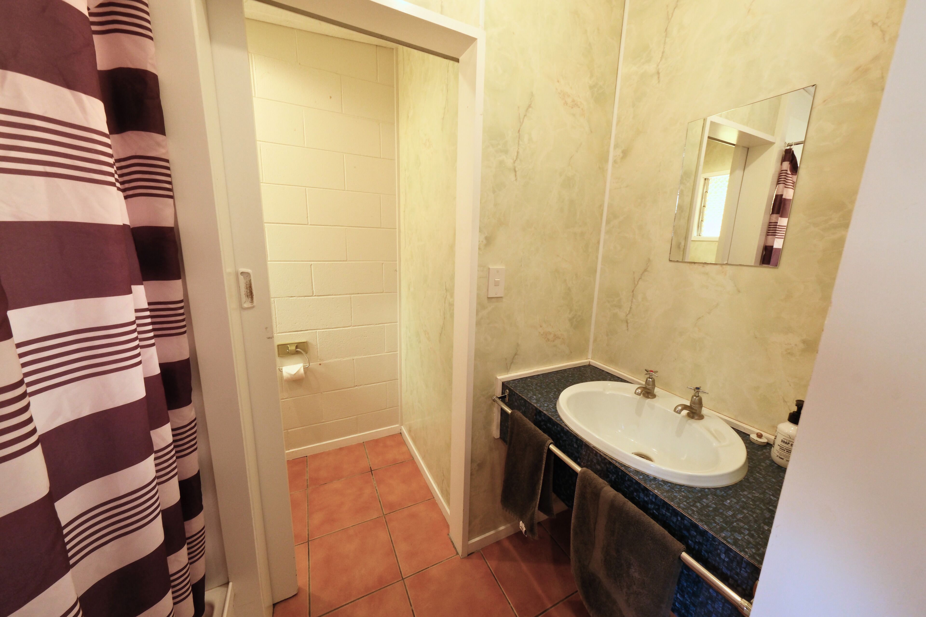 Shower, towels, soap, toilet paper