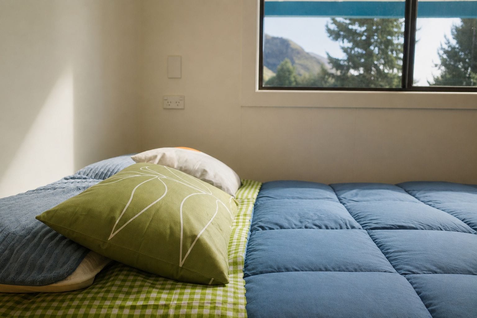 Un lit avec une couette bleue et un oreiller vert, une couverture à carreaux et une fenêtre donnant sur des arbres et des montagnes.