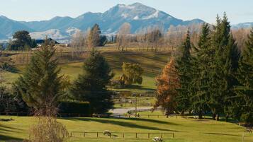 A rural landscape with a grassy field, trees, a mountain range in the background, and a small building.