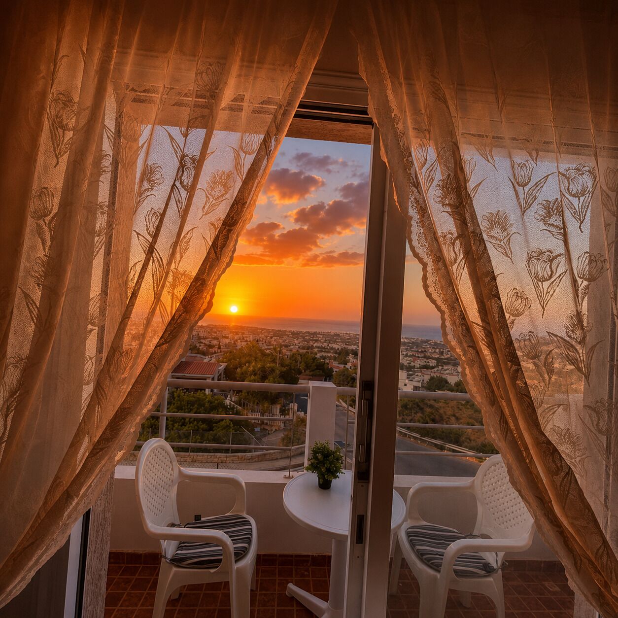 A balcony with two chairs and a table, overlooking a cityscape at sunset.