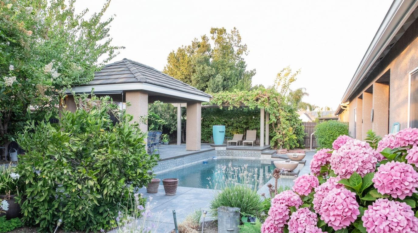 A residential outdoor area with a swimming pool, a gazebo, and various plants.